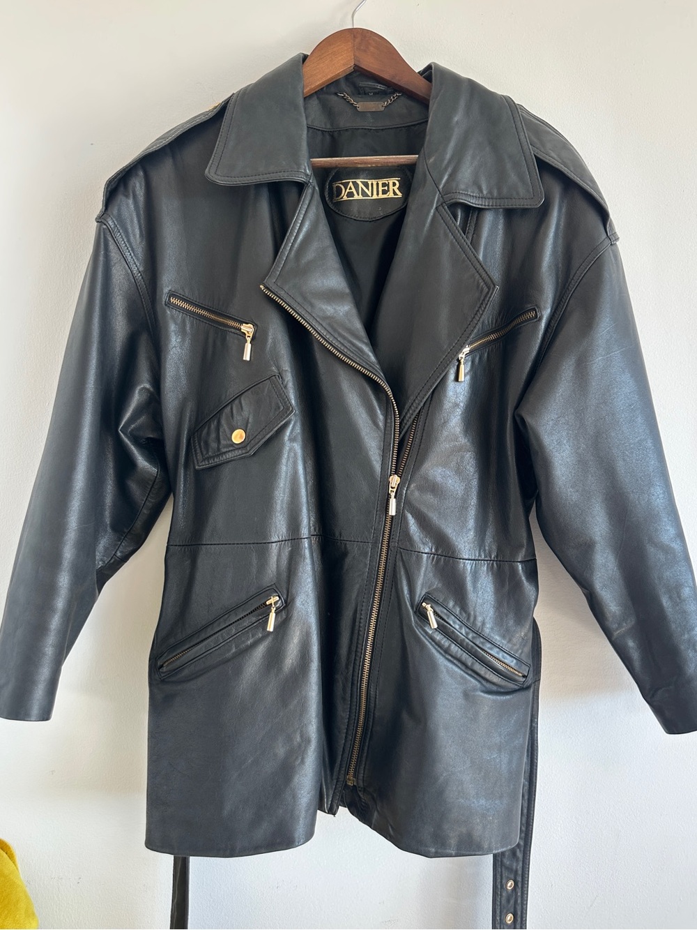 Vintage Danier Designer Black Leather Belted Moto Jacket – Size M
